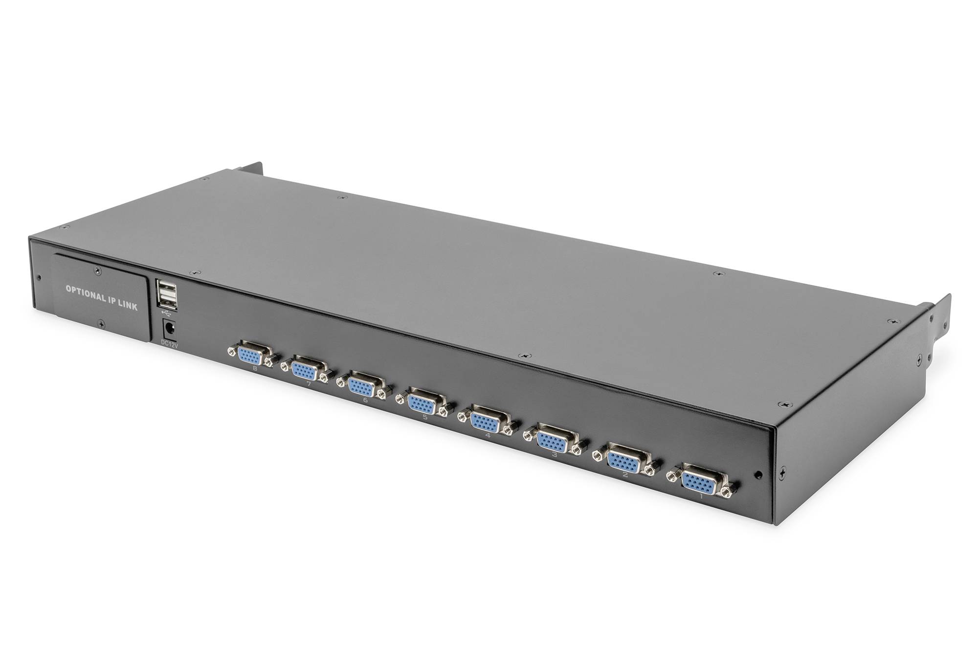 Czarne urządzenie rack z ośmioma złączami VGA i dwoma portami USB z przodu.