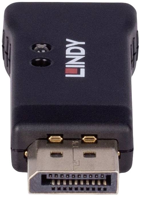 Czarny adapter DisplayPort z metalowym złączem, z nadrukiem nazwy marki 'LINDY'. Łączy DisplayPort z innymi urządzeniami.