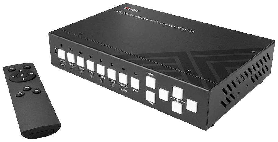 Czarny przełącznik multiwidoku z wieloma przyciskami i złączami na przedniej płycie; czarny pilot obok niego.