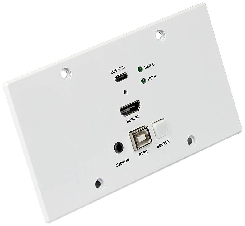 Biała płyta naścienna z gniazdami: dwa porty USB-C, HDMI, Audio, PC oraz jeden przycisk wyboru źródła.