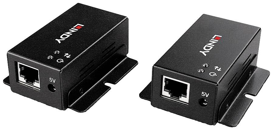 Dwa czarne przedłużacze VGA przez Cat5 firmy Lindy z gniazdami do podłączenia kabla sieciowego i zasilania. Umożliwiają one przedłużenie sygnału VGA za pomocą kabli sieciowych.