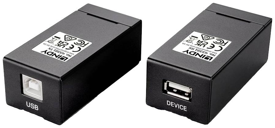 Dwa czarne adaptery USB z oznaczeniami i złączami dla przewodów USB. Lewy adapter ma napis 'USB', prawy 'DEVICE'.