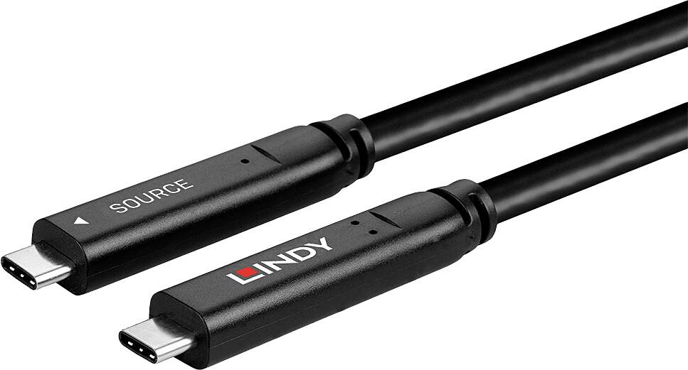 Dwa czarne kable USB-C z oznaczeniami 'SOURCE' i 'LINDY', wskazujące kierunek podłączenia.