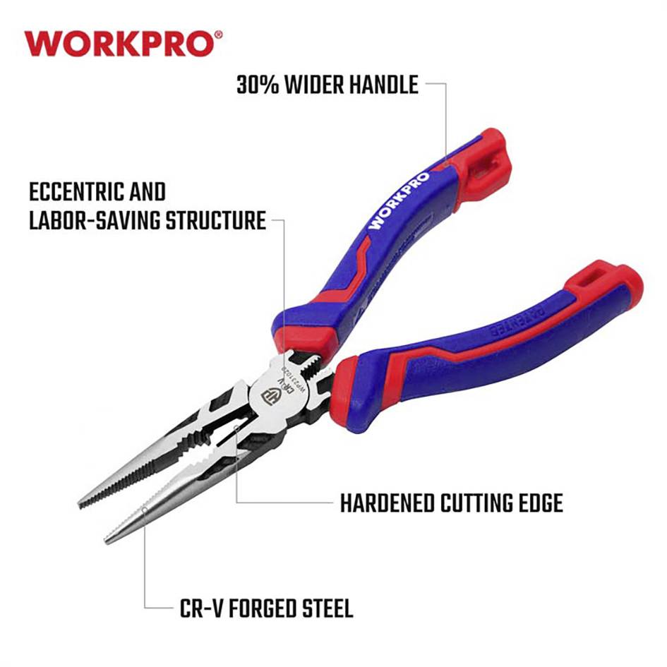 Універсальний виріб WorkPro WP231020 Плоскогубці з довгими губками, хром-ванадієва сталь, 160 мм