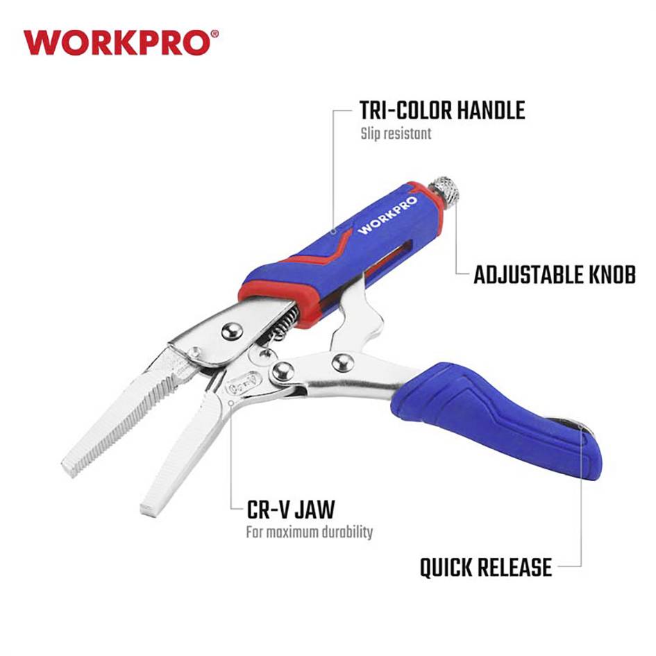 Szczypce WORKPRO z antypoślizgowym, trzyczęściowym uchwytem, regulowanym przyciskiem, szczękami wykonanymi ze stali CrV dla trwałości oraz mechanizmem szybkiego zwalniania.