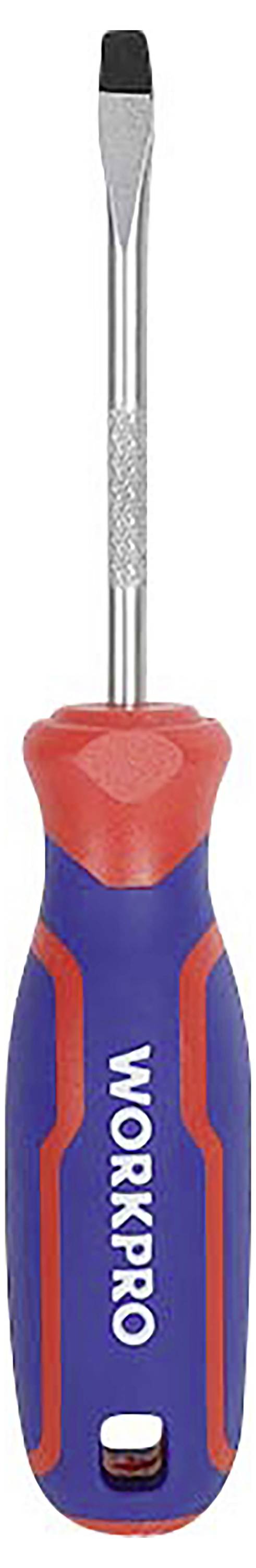 Wkrętak marki 'WORKPRO' z niebieskim i czerwonym uchwytem, z płaskim grotem. Odpowiedni do wkręcania śrub płaskich.