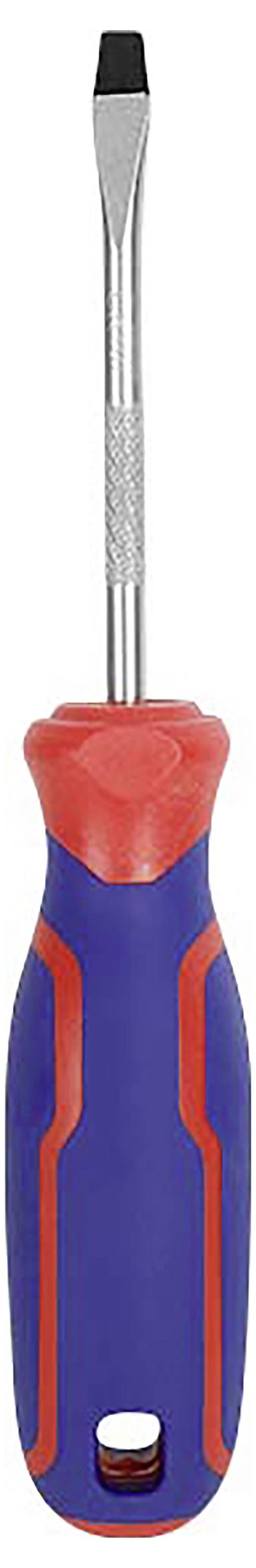Wkrętak krzyżowy z niebieskim uchwytem, czerwonym akcentem i srebrnym, płaskim grotem.