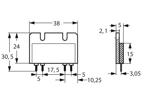 Rysunek techniczny elementu elektronicznego z wymiarami: szerokość 38 mm, wysokość 30,5 mm, grubość 5 mm. Zaznaczone odległości i piny.