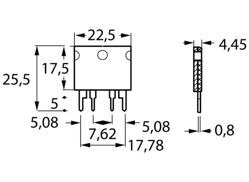 Rysunek techniczny elementu elektronicznego z wymiarami: szerokość 22,5 mm, wysokość 25,5 mm, głębokość 17,5 mm. Odstęp złączy: 5,08 mm.