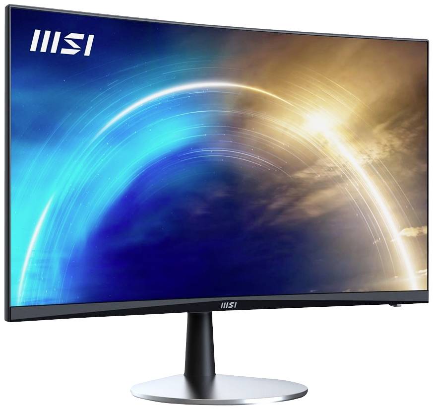 Zakrzywiony monitor MSI z obrazem niebieskich i złotych fal świetlnych na ekranie.