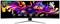 Monitor o szerokiej przekątnej z żywym, abstrakcyjnym tłem. Wyświetlacz zawiera: '49 DQHD', '3 lata gwarancji', '144 Hz', 'OLED' oraz inne szczegóły techniczne.