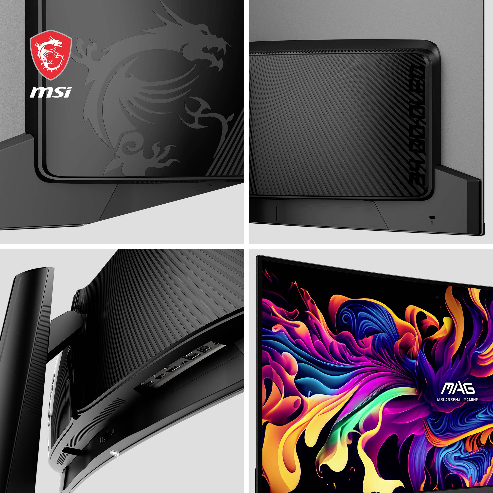 Monitor gamingowy z zakrzywionym ekranem, kolorowym, dynamicznym tłem i logo MSI. Widoczne złącza i szczegóły wzornictwa.