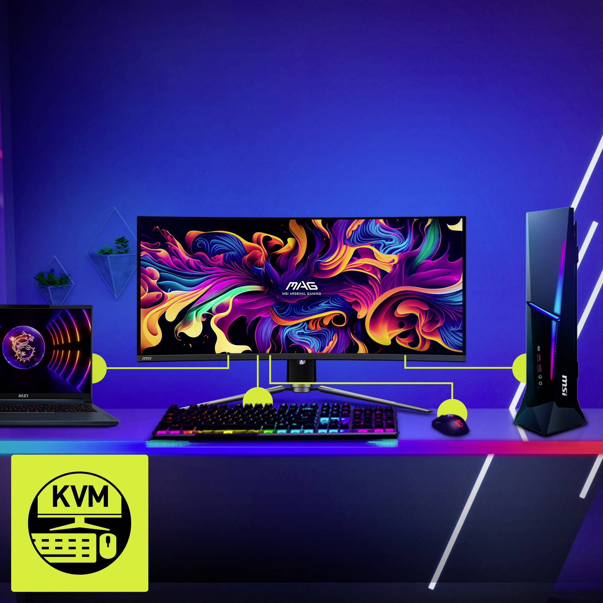 Biurko z laptopem po lewej stronie, kolorowym monitorem pośrodku i jednostką centralną po prawej. Pod nimi klawiatura i mysz. Symbol KVM w lewym dolnym rogu.