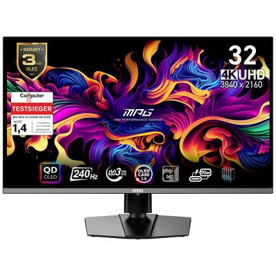 Ekran komputerowy wyświetla kolorową, abstrakcyjną grafikę. W prawym górnym rogu: '32 4K UHD 3840 x 2160'. W lewym górnym rogu: '3 lata gwarancji'.
