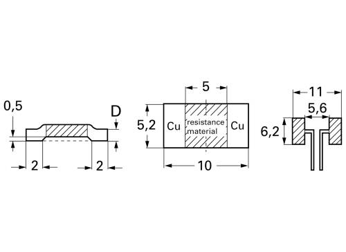 Rysunek techniczny rezystora elektronicznego. Wymiary: 5 mm szerokości, 10 mm długości, 5,2 mm wysokości. Główne materiały: miedź i materiał oporowy.