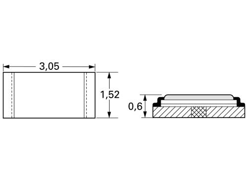 Rysunek techniczny prostokątnego elementu. Wymiary: szerokość 3,05 mm, wysokość 1,52 mm. Widok z boku ukazuje głębokość 0,6 mm.