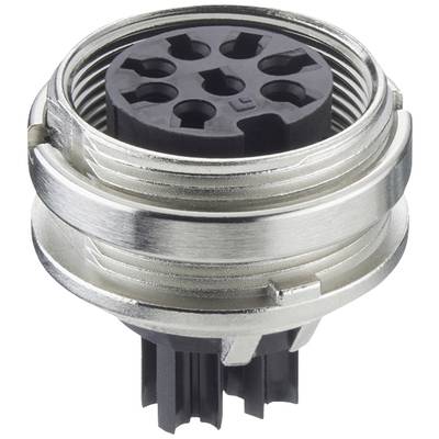 Metalowy, okrągły złącze elektryczne z wieloma czarnymi gniazdami, przeznaczone do zastosowań przemysłowych.