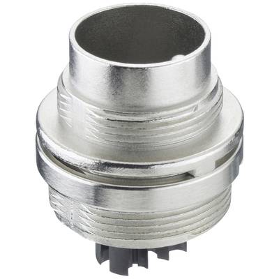 Cylindryczny metalowy wtyk z gwintem i wieloma stykami. Odpowiedni do połączeń przemysłowych lub elektrycznych.