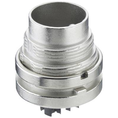 Srebrny, cylindryczny element metalowy z wieloma pierścieniami i złączem wtykowym, prawdopodobnie złącze elektryczne lub mechaniczne.