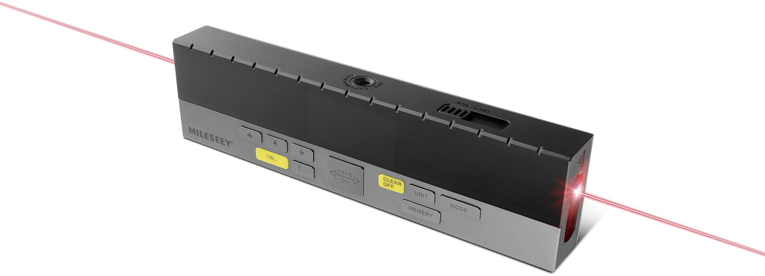 Prostokątny miernik laserowy w kolorze czarnym, wysyłający czerwoną wiązkę laserową. Urządzenie pokazuje elementy sterujące i oznaczenia.