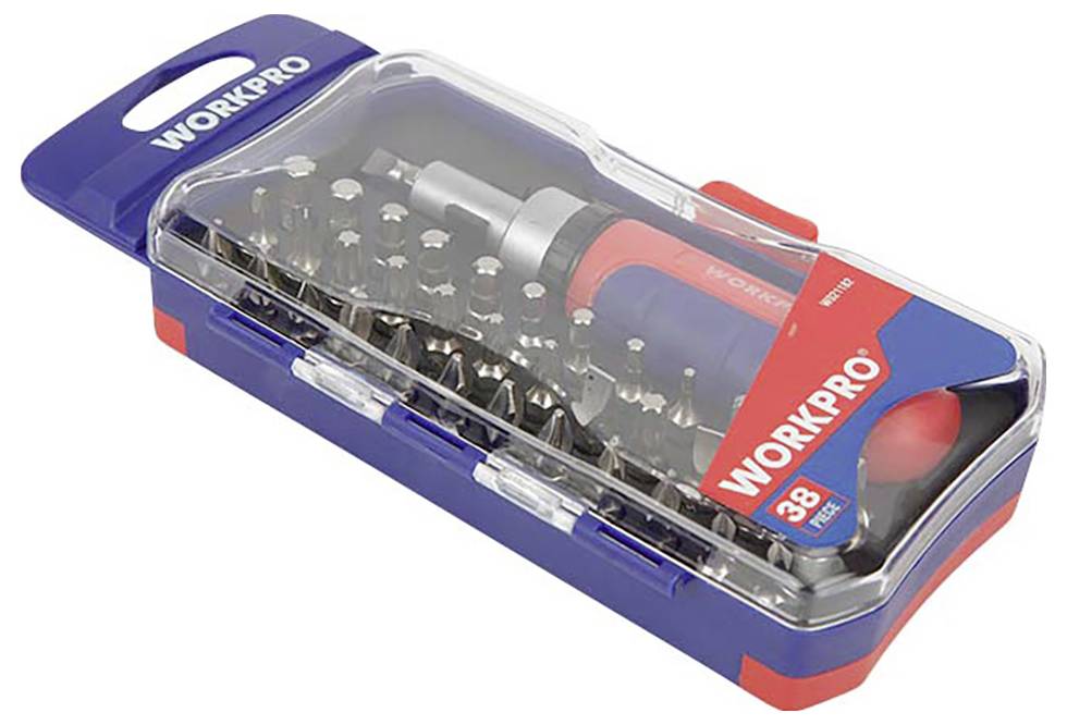 Zamknięte etui z 38-elementowym zestawem wkrętaków firmy Workpro, zawierające różne końcówki i śrubokręt.
