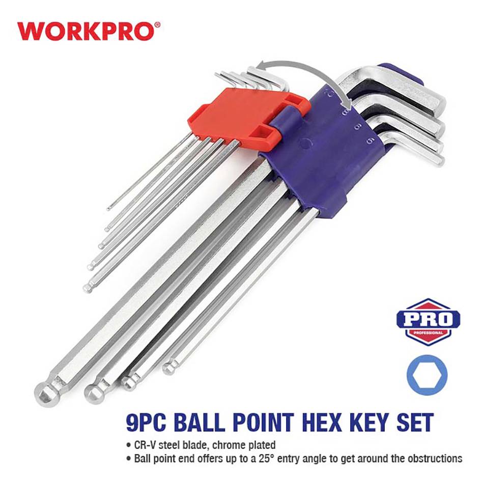 Zestaw 9 kluczy sześciokątnych z kulką, srebrnych, w czerwono-niebieskim uchwycie. Opis: Ostrze ze stali CrV, chromowane, kąt wprowadzenia 25°.