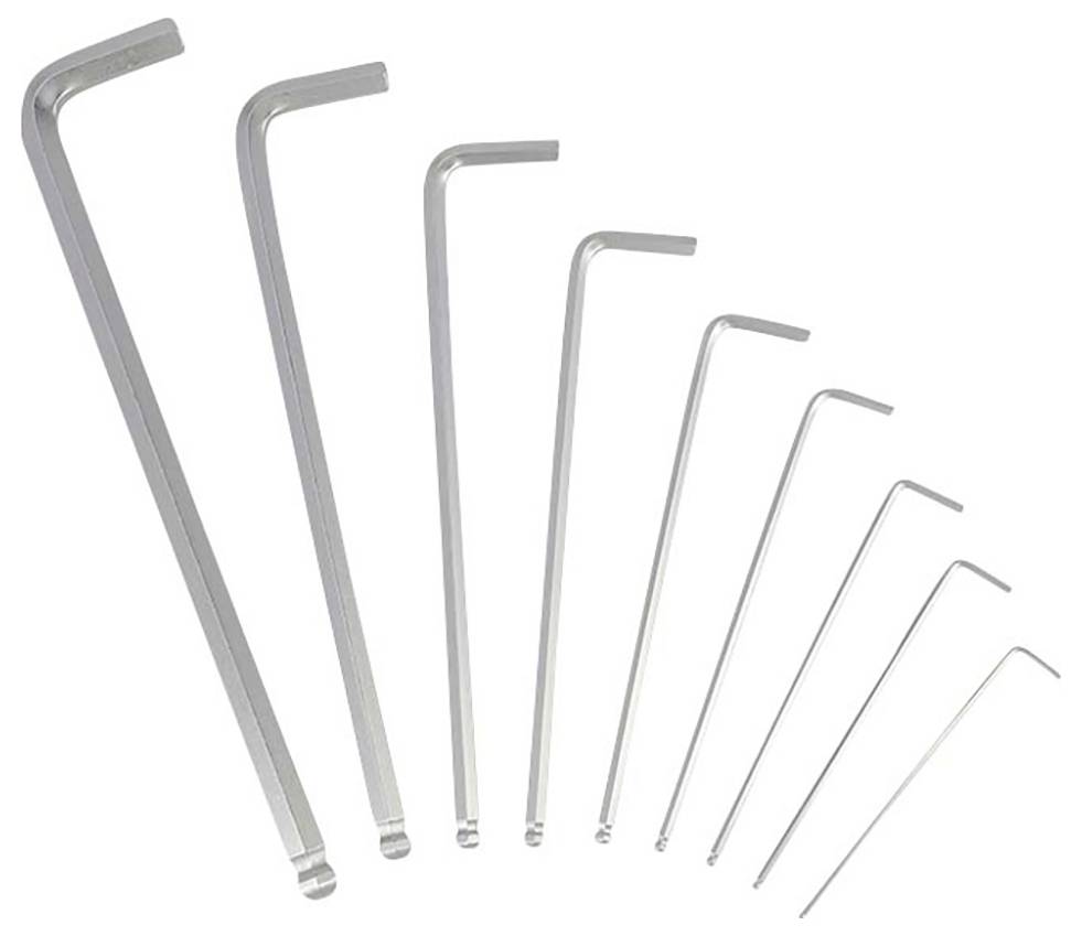 Zestaw dziewięciu kluczy imbusowych o różnych rozmiarach, ułożonych od największego do najmniejszego, na białym tle.