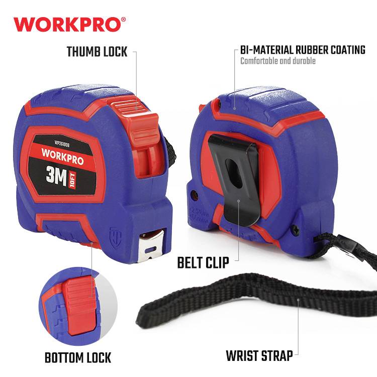 Niebieska miarka WORKPRO z czerwonym logo, o długości 3 metrów. Posiada blokadę kciuka, klips do pasa oraz pasek na nadgarstek.