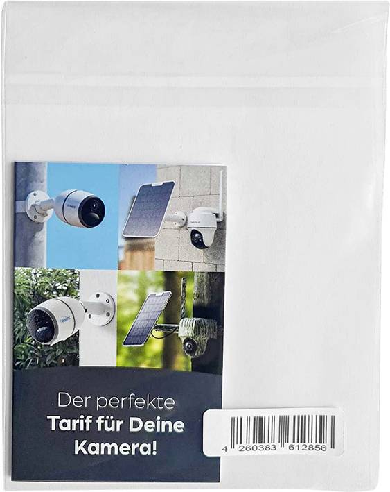 Prospekt w przezroczystej osłonie prezentuje kamery monitoringu z panelami słonecznymi. Tekst: 'Idealny pakiet dla Twojej kamery!'.