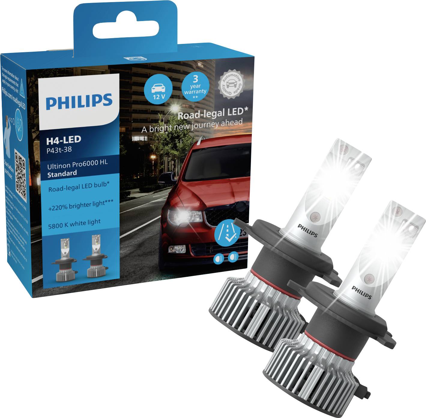 Dwie żarówki samochodowe LED Philips H4 obok opakowania, które obiecuje ulepszone dopuszczenie do ruchu drogowego, białe światło o temperaturze 5800 K oraz zwiększoną o 220% jasność.
