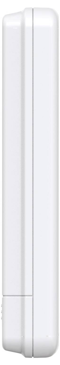 Białe, prostokątne urządzenie o zaokrąglonych narożnikach i wyrazistych krawędziach, przedstawione w pozycji pionowej.