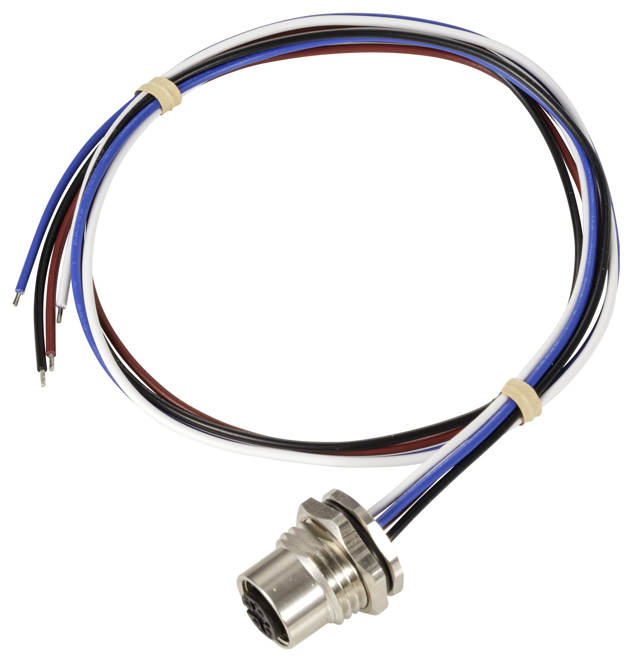 Okrągły, metalowy złącz z pięcioma wyjściami przewodów w różnych kolorach (czarnym, niebieskim, czerwonym, białym), które wystają na zewnątrz.