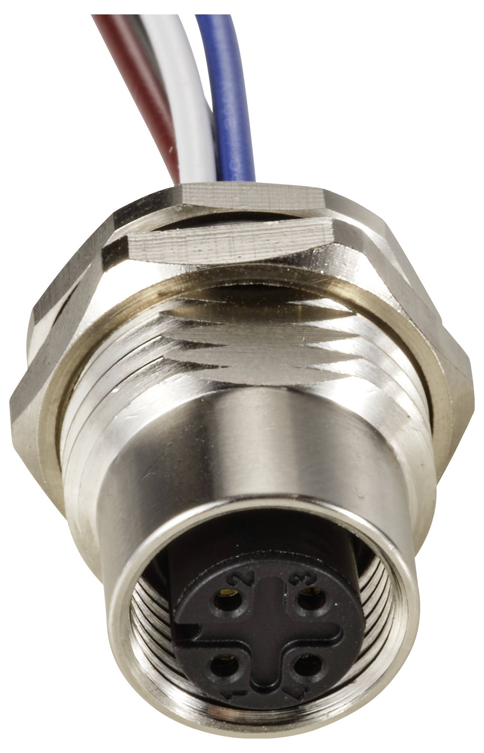 Srebrny złącze okrągłe połączone z wielokolorowymi kablami (czerwonymi, białymi, niebieskimi), sfotografowane z góry.