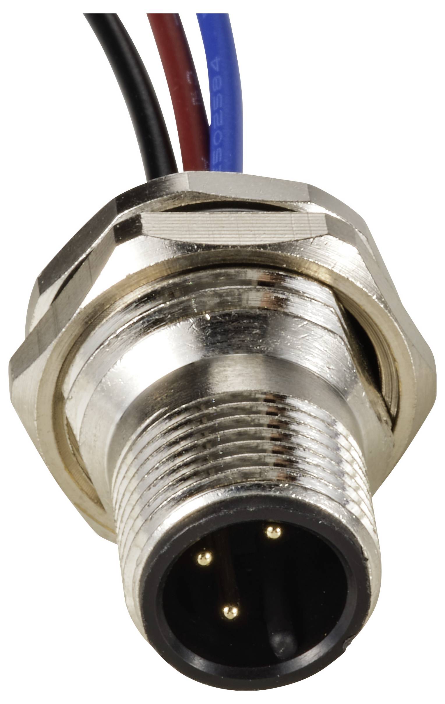 Metalowy okrągły wtyk z trzema stykami, z przymocowanymi przewodami w kolorze niebieskim i czerwonym.