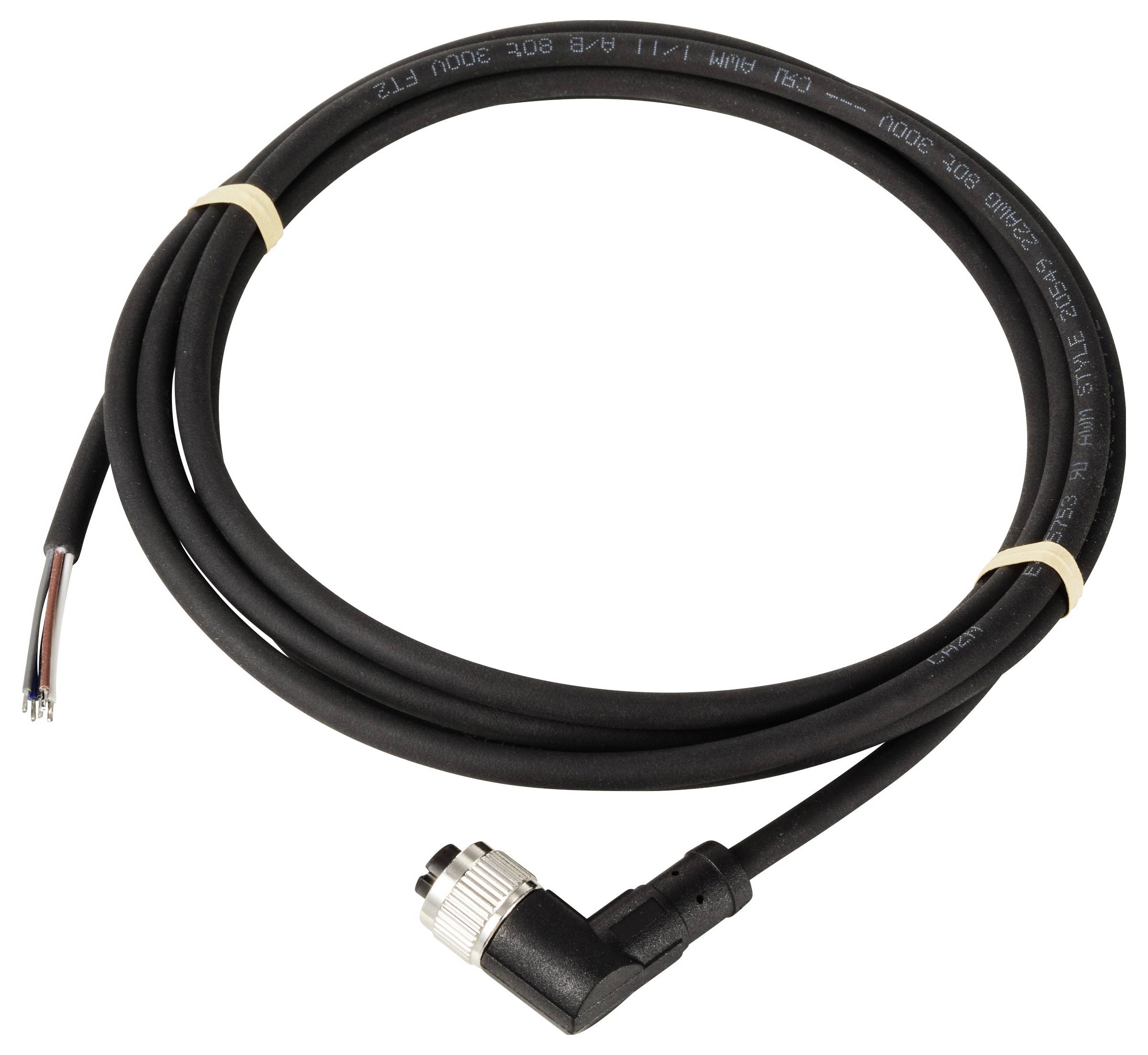 Czarny kabel z wtyczką pod kątem na jednym końcu i luźnymi końcówkami przewodów na drugim. Jest przymocowany gumką.