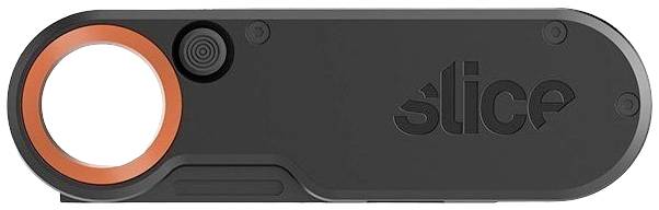 Czarne prostokątne urządzenie z pomarańczową, okrągłą wyciętą częścią i logo 'slice' na wierzchu.