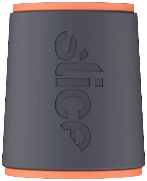 Ciemnoszary pojemnik z pomarańczową krawędzią, na którym wygrawerowano słowo 'slice'.