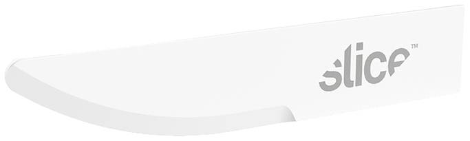 Biały plastikowy nóż z zakrzywioną klingą i napisem 'slice' w kolorze szarym. Narzędzie do bezpiecznego cięcia.