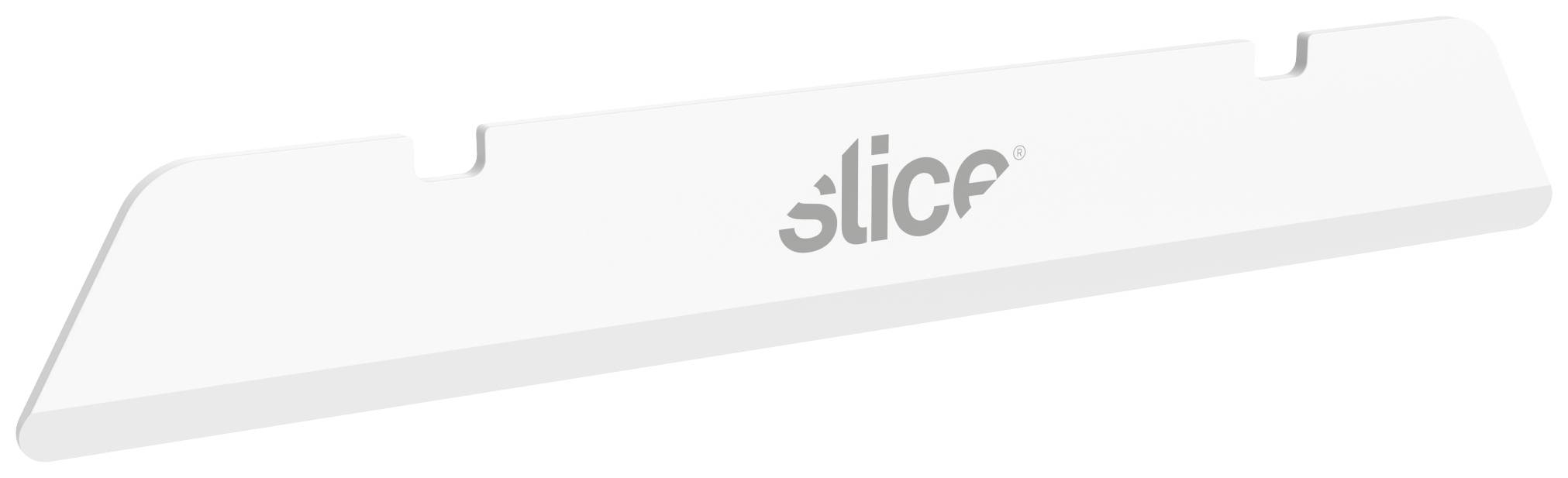 Biały plastikowy trapez o zaokrąglonych narożnikach z napisem 'slice'.