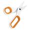 Białe nożyczki z pomarańczowymi elementami i ergonomicznym uchwytem, odpowiednie do łatwego i bezpiecznego cięcia.