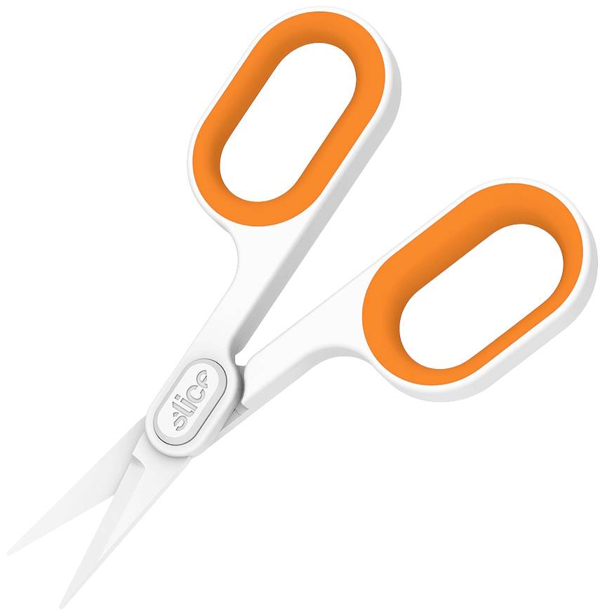 Białe nożyczki z pomarańczowymi uchwytami, otwarte i gotowe do cięcia.