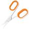 Białe nożyczki z pomarańczowymi uchwytami, otwarte i gotowe do cięcia.