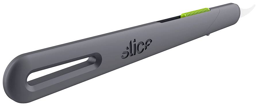 Szary nóż wysuwany z zielonym mechanizmem wysuwania marki 'slice'.