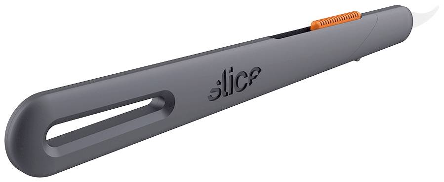 Ciemny nóż bezpieczny o smukłej, ergonomicznej formie z pomarańczowym przesuwnikiem do pozycjonowania ostrza. Nazwa marki na boku.