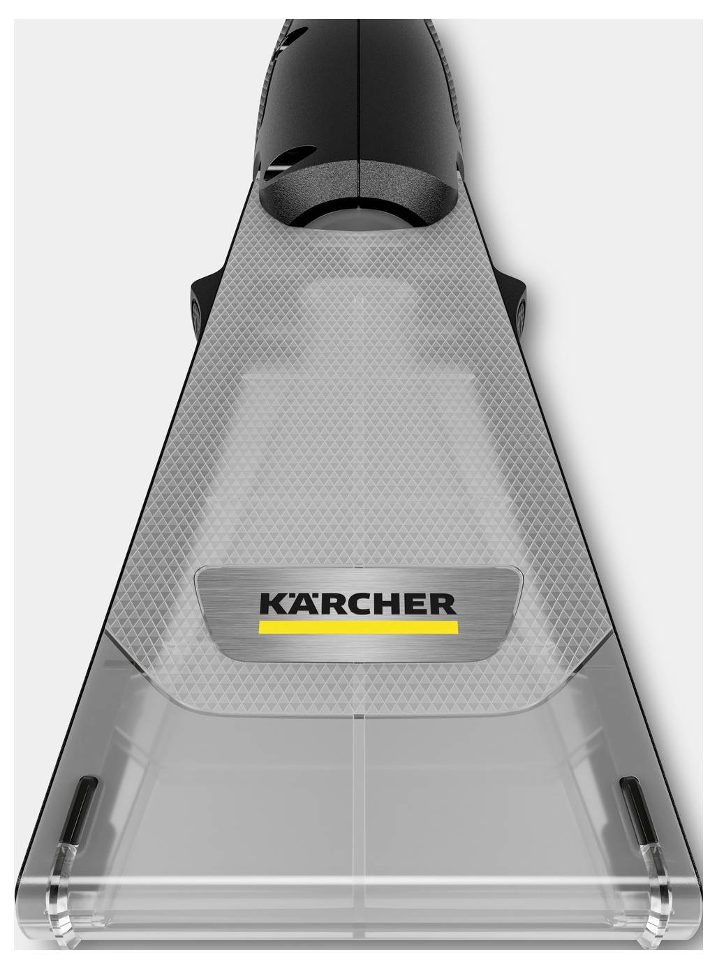 Narzędzie do czyszczenia podłóg z przezroczystą dyszą i logo 'Kärcher'. Głównie szare z czarną rączką, zaprojektowane do efektywnego czyszczenia powierzchni.