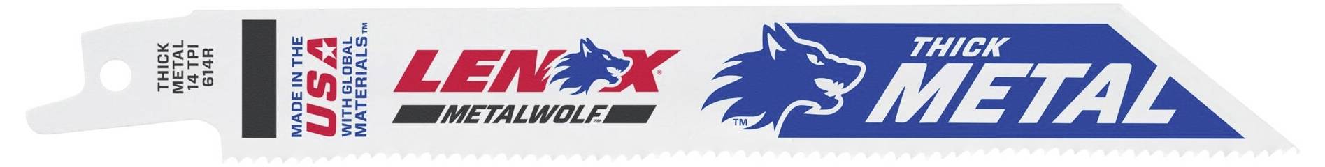 Brzeszczot do grubego metalu, marka Lenox, USA, z niebiesko-czerwonym logo na białym tle.