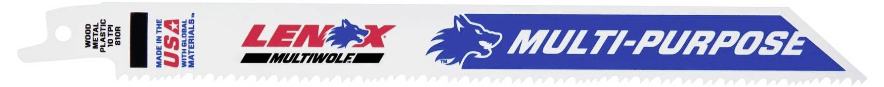 Brzeszczot metalowy z nadrukiem 'LENOX MULTIWOLFE MULTI-PURPOSE', z logo wilka, odpowiedni do różnych zastosowań.