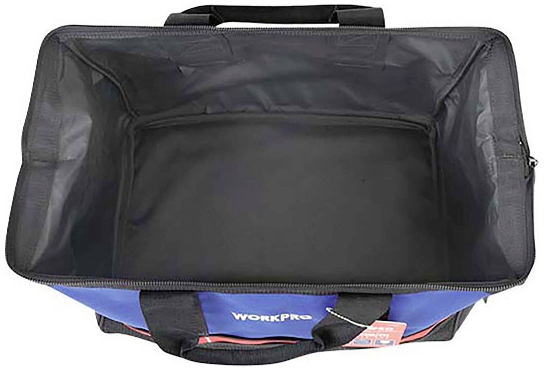 Duża, pusta torba na narzędzia z czarnymi uchwytami i rzucającym się w oczy niebieskim materiałem zewnętrznym, widziana z góry.