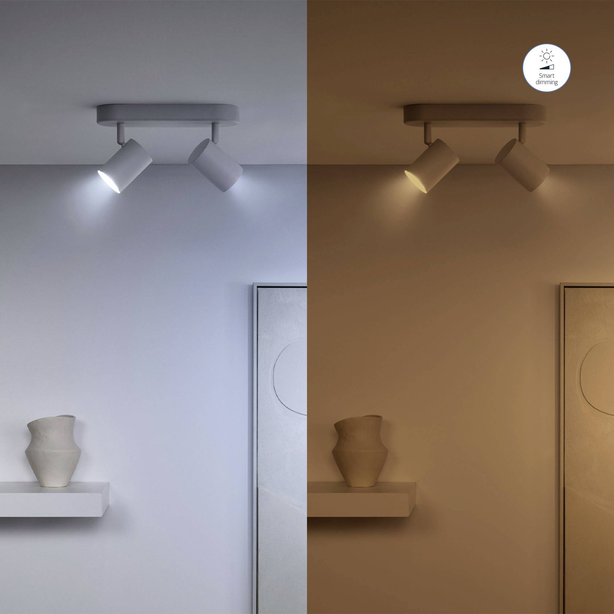 'Półka ścienna z naczyniem pod spodem. Po lewej stronie chłodne niebieskie światło, po prawej ciepłe żółte światło. Lampa sufitowa z dwoma reflektorami.'