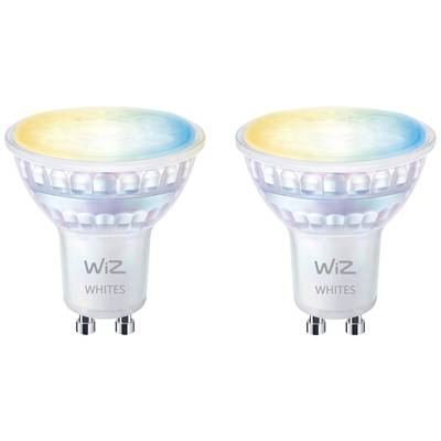 Dwie żarówki LED WiZ White z gniazdem GU10. Na górze świecą niebieskim i żółtym światłem. Nadają się do inteligentnego oświetlenia.